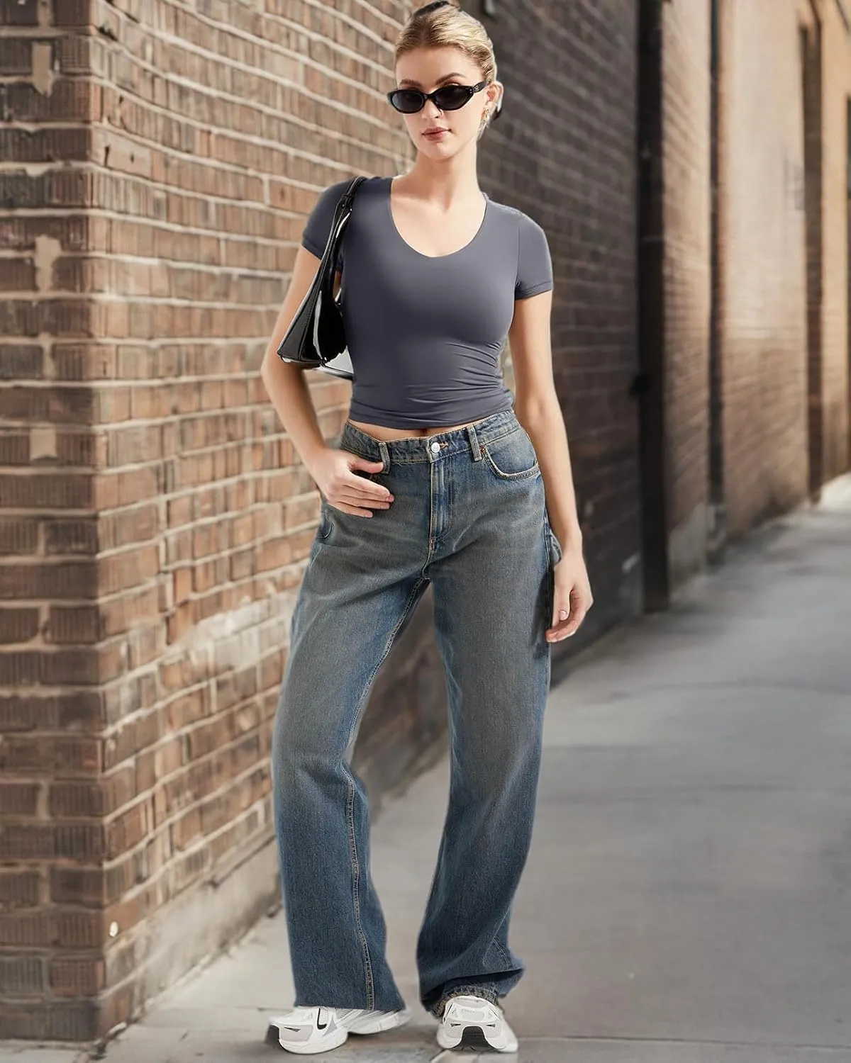 SUUKSESS Women Double Lined Fitted Basic Tee Sexy V Neck Short Sleeve Y2K Crop Top