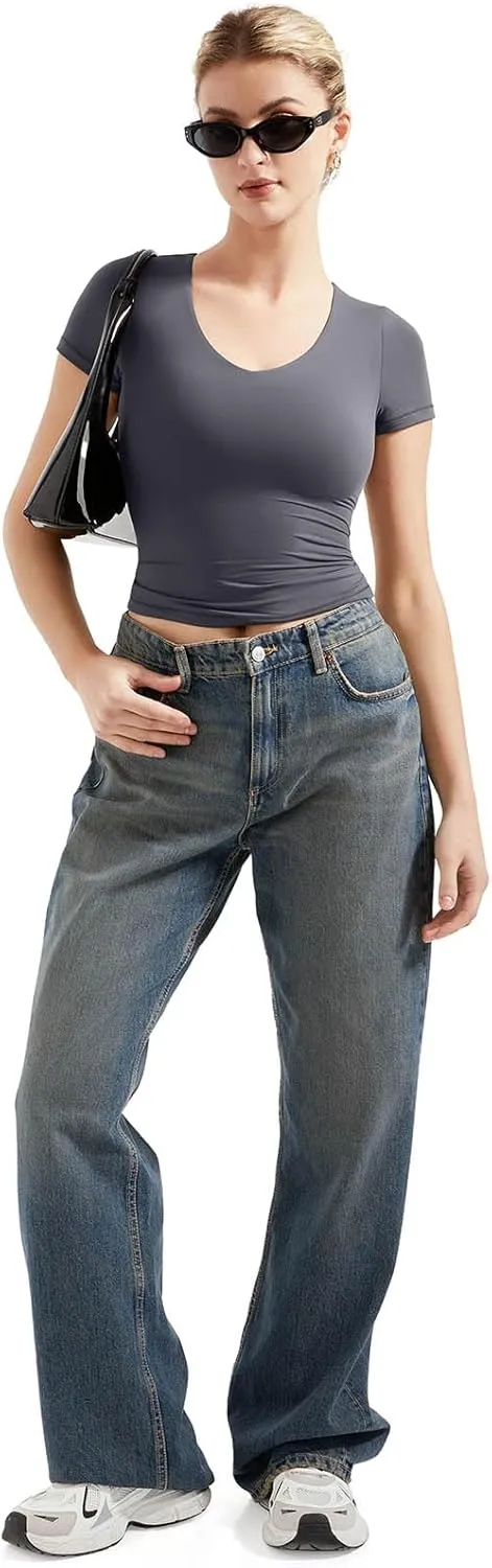 SUUKSESS Women Double Lined Fitted Basic Tee Sexy V Neck Short Sleeve Y2K Crop Top