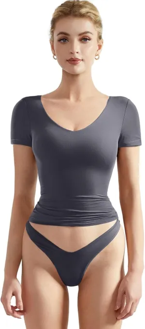 SUUKSESS Women Double Lined Fitted Basic Tee Sexy V Neck Short Sleeve Y2K Crop Top