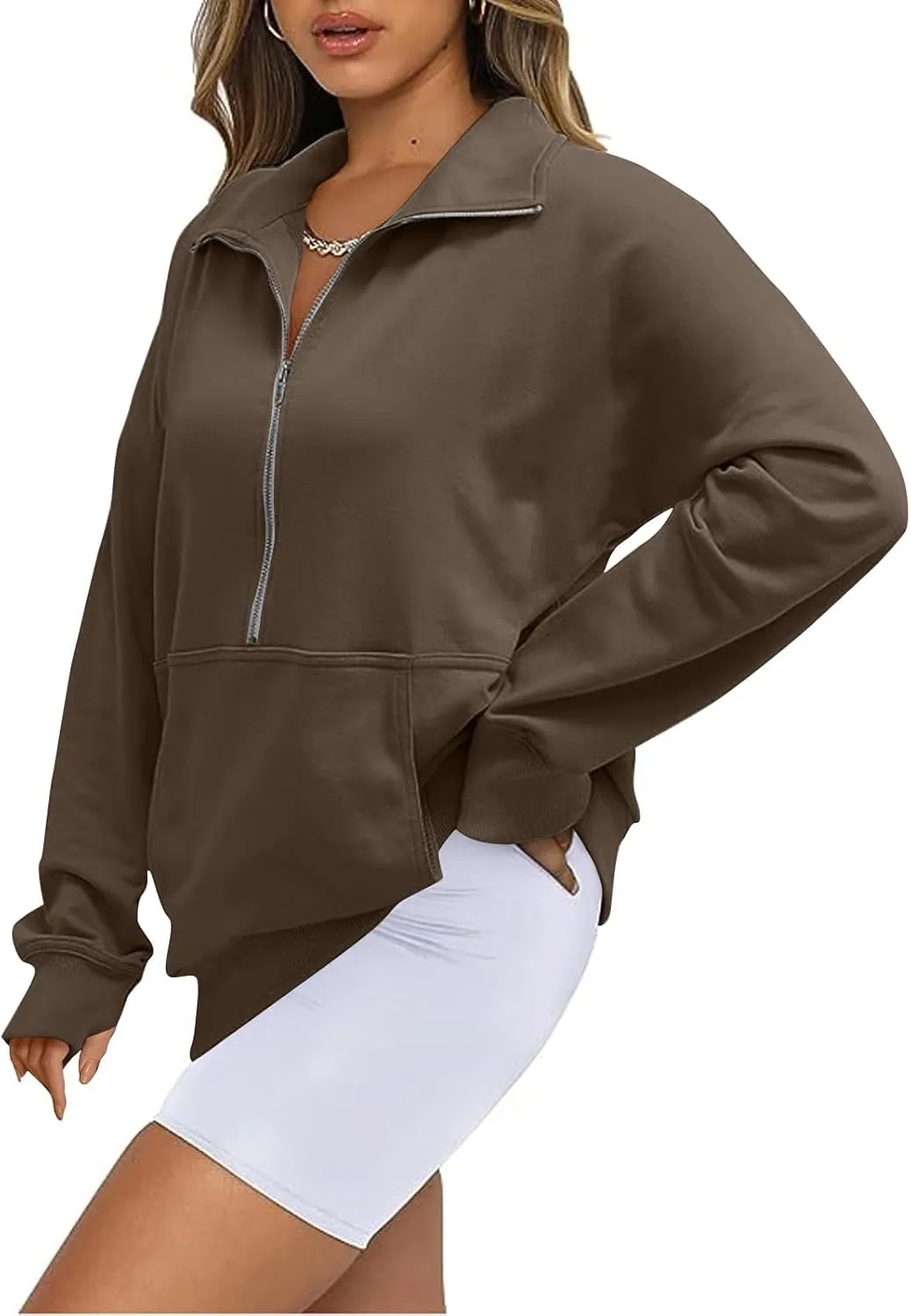 Sweatshirt for Women Half Zip Cropped Pullover Fleece Quarter Zipper Hoodies Fall Outfits Clothes Thumb Hole