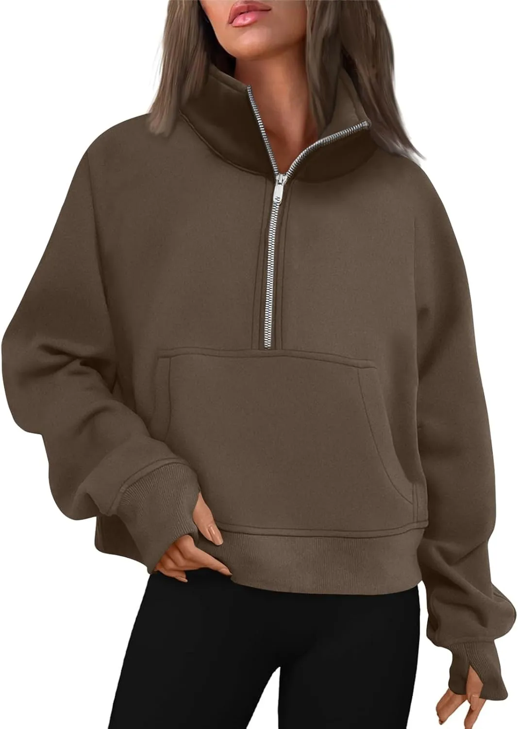 Sweatshirt for Women Half Zip Cropped Pullover Fleece Quarter Zipper Hoodies Fall Outfits Clothes Thumb Hole