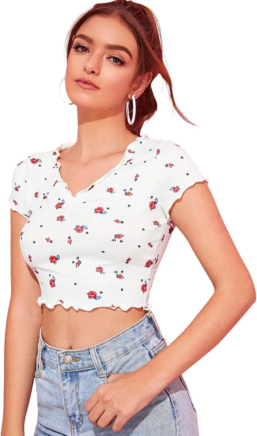 SweatyRocks Women's Basic Crop Top Short Sleeve Round Neck Tee T-Shirt