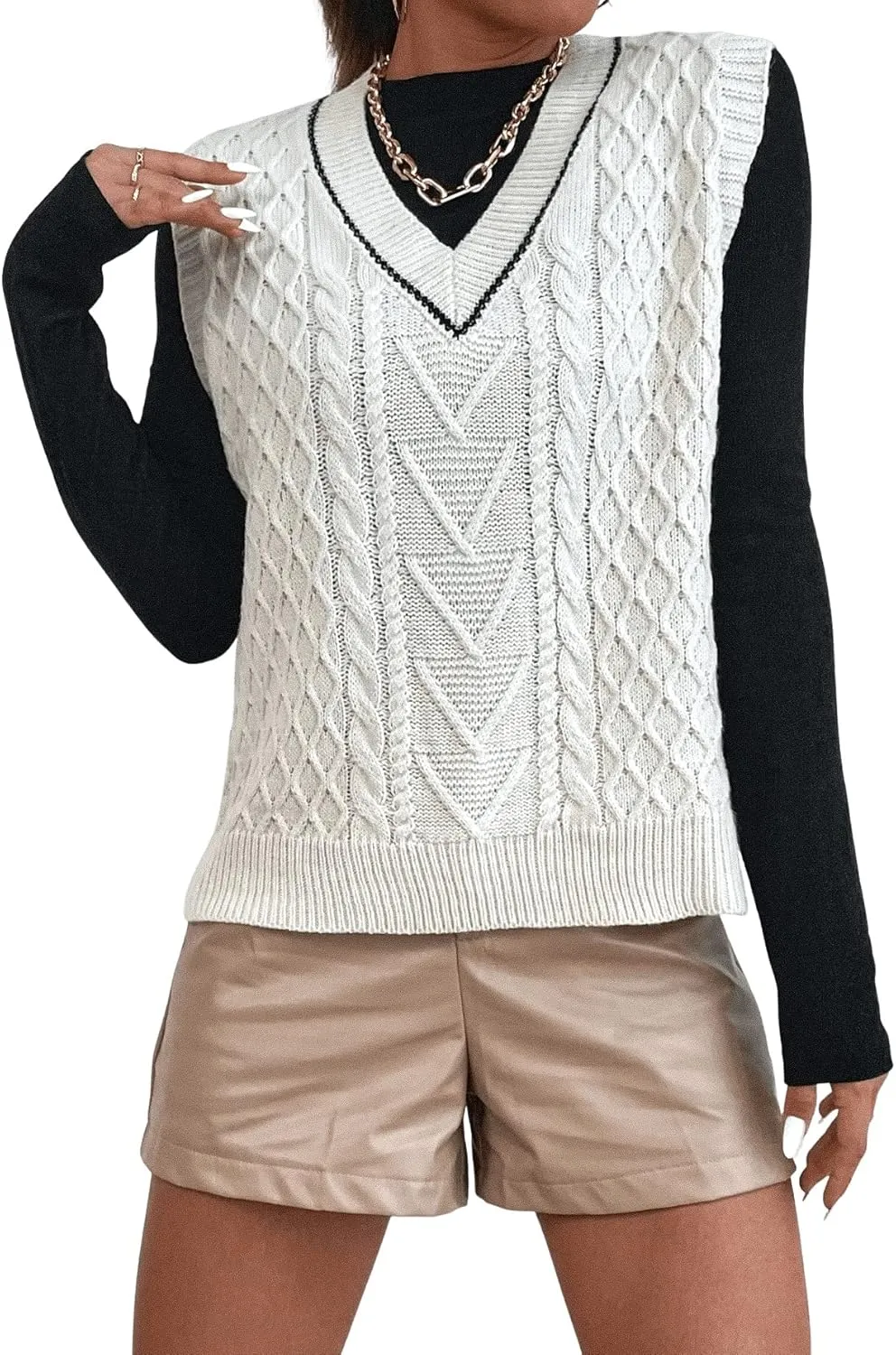 SweatyRocks Women's Plaid Geo Sleeveless V Neck Knit Crop Top Sweater Vest