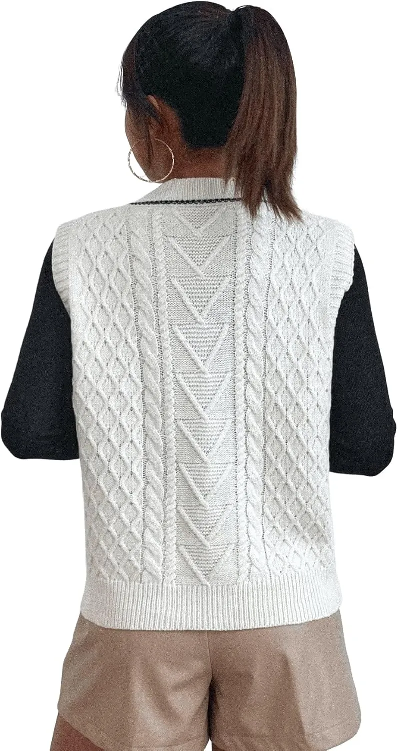 SweatyRocks Women's Plaid Geo Sleeveless V Neck Knit Crop Top Sweater Vest