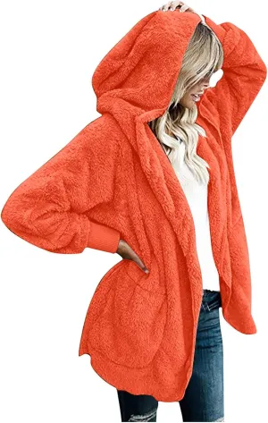 TANGNADE Sherpa Jacket Women with Hood Fleece Fuzzy Hooded Casual Coats Winter Cardigan Open Front Coat Outwear
