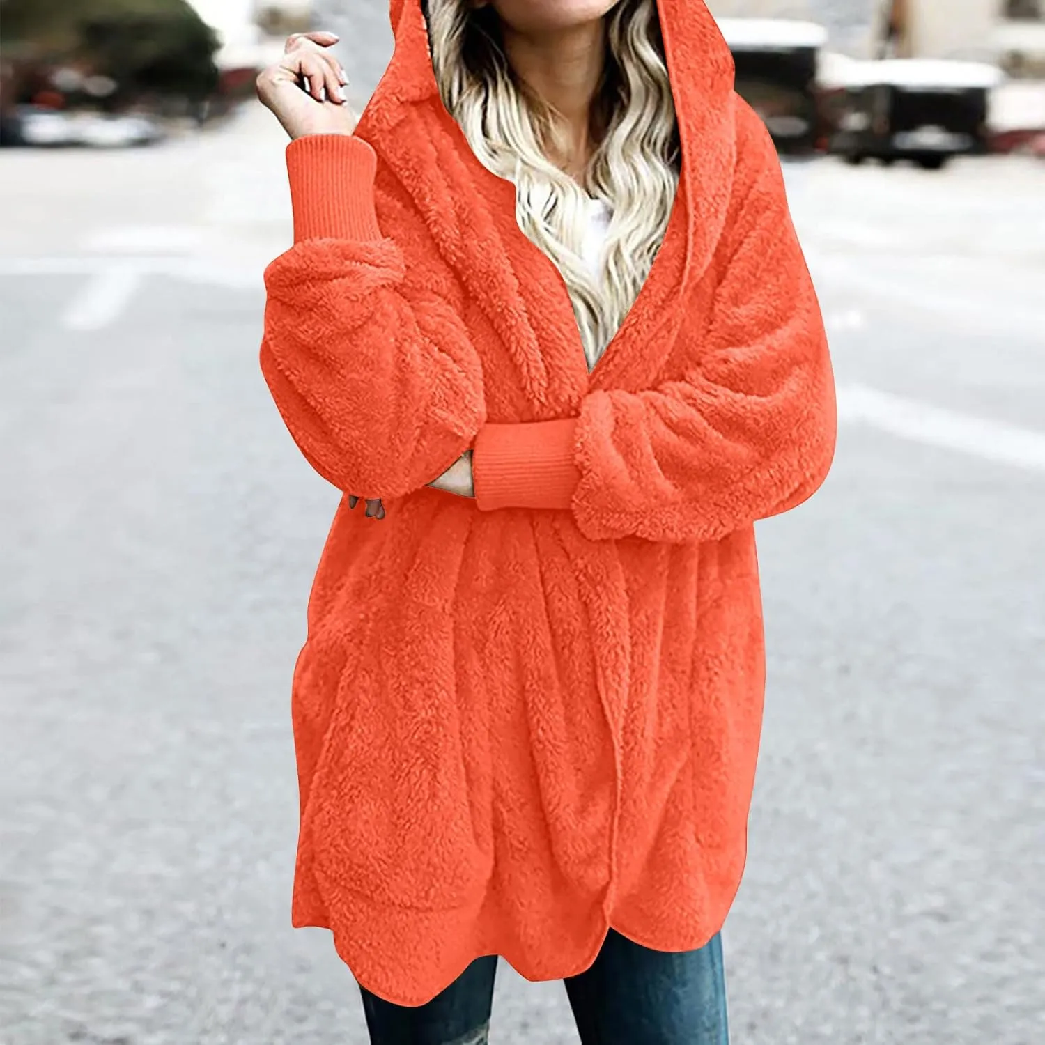 TANGNADE Sherpa Jacket Women with Hood Fleece Fuzzy Hooded Casual Coats Winter Cardigan Open Front Coat Outwear