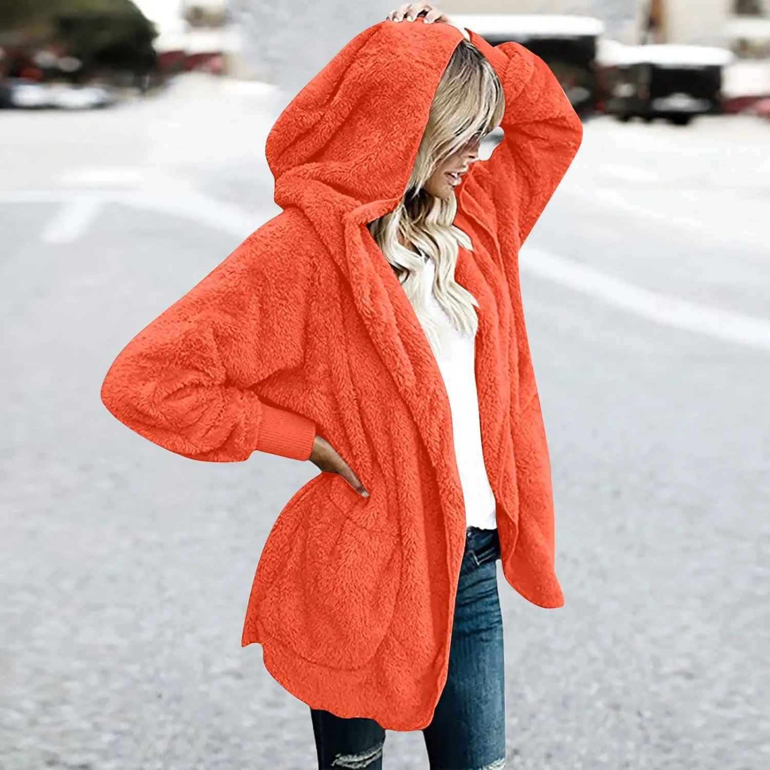 TANGNADE Sherpa Jacket Women with Hood Fleece Fuzzy Hooded Casual Coats Winter Cardigan Open Front Coat Outwear
