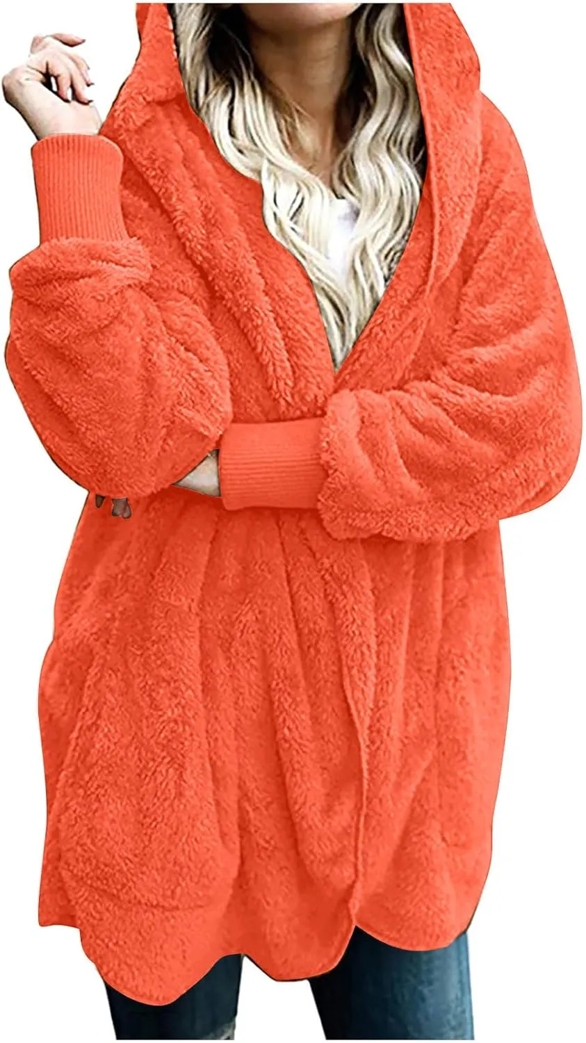 TANGNADE Sherpa Jacket Women with Hood Fleece Fuzzy Hooded Casual Coats Winter Cardigan Open Front Coat Outwear