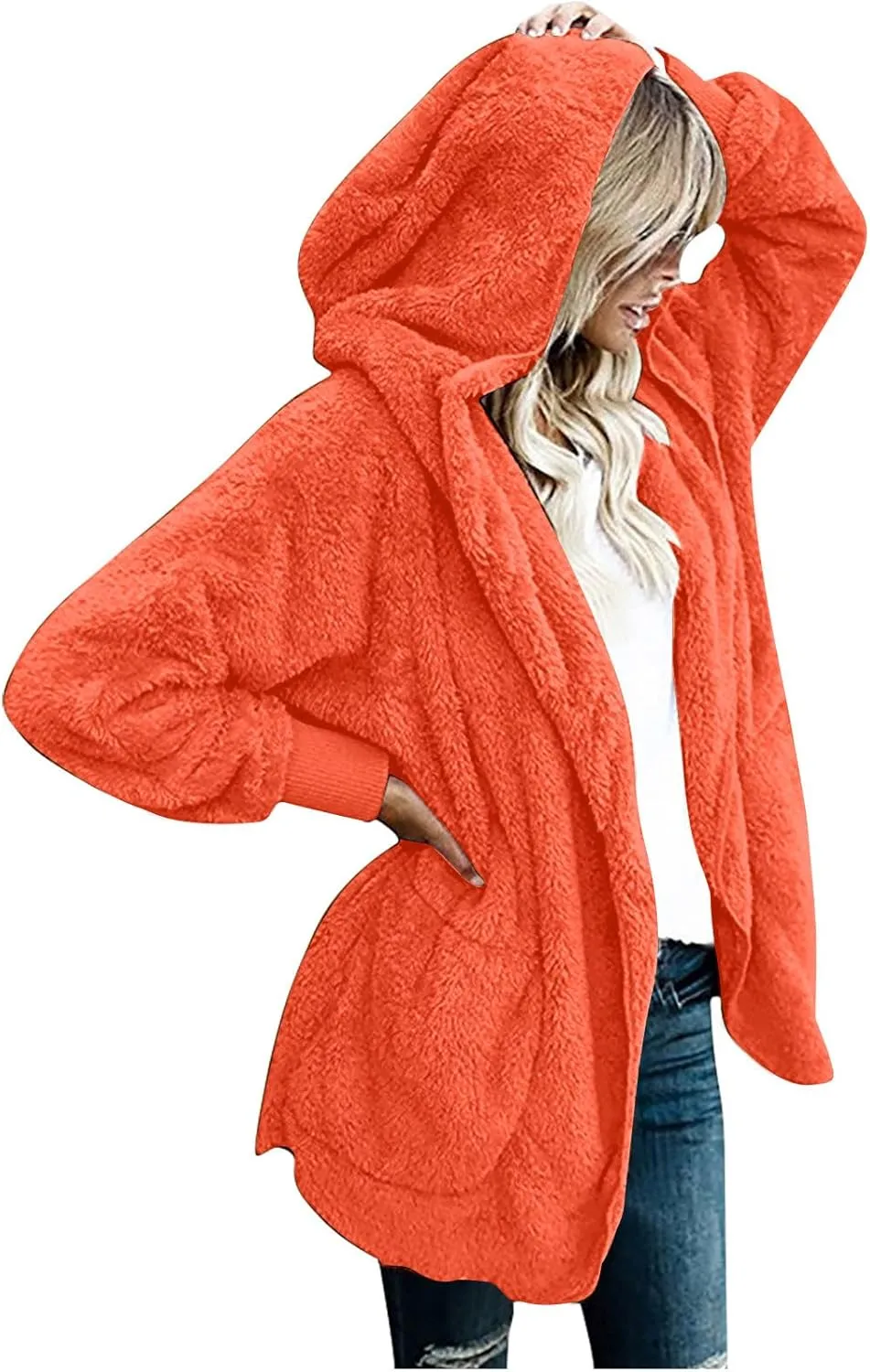 TANGNADE Sherpa Jacket Women with Hood Fleece Fuzzy Hooded Casual Coats Winter Cardigan Open Front Coat Outwear