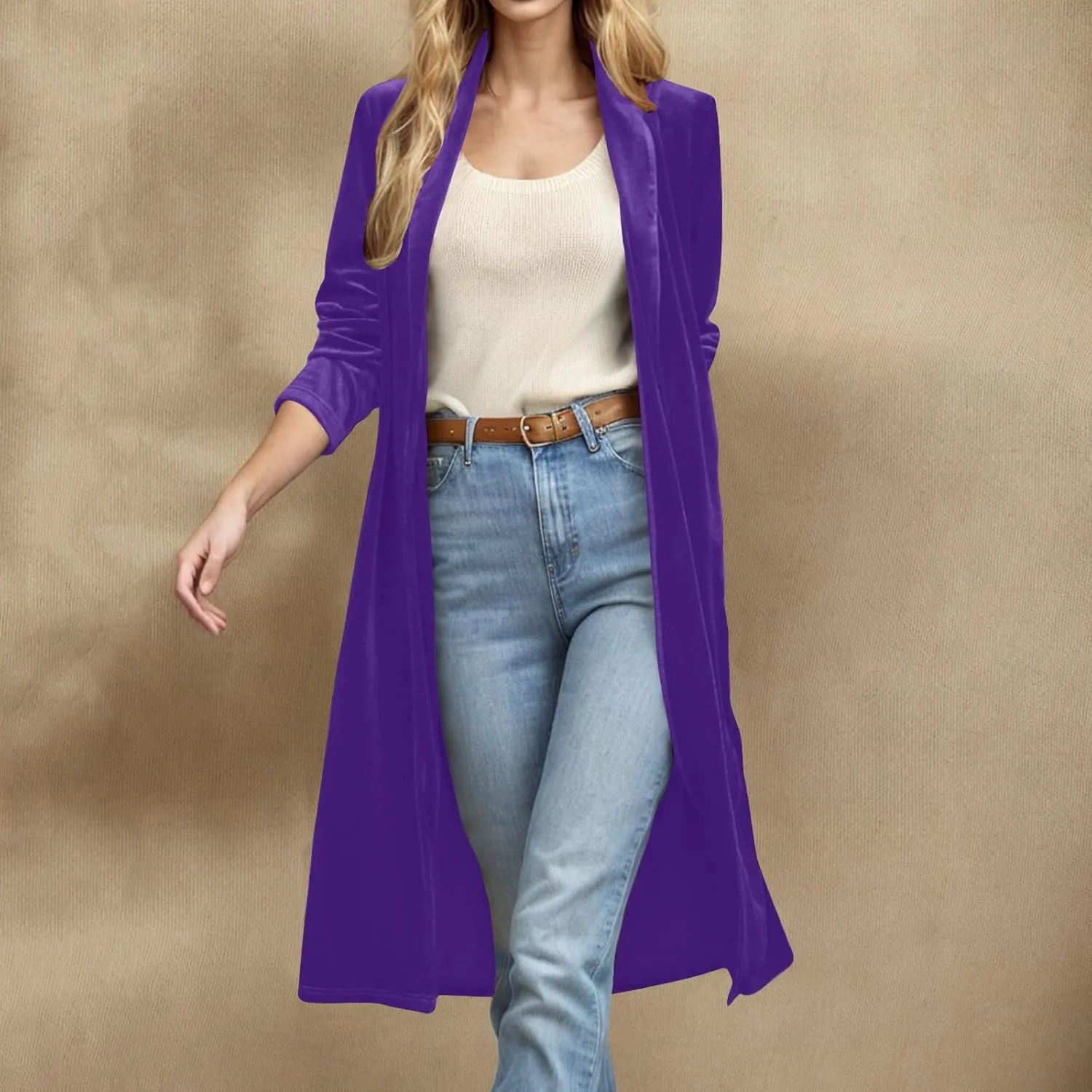 TANGNADE Velvet Cardigan Jackets for Women Long Lapel Collar Open Front Elegant Velour Blazer Cardigan Trench Coat