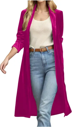 TANGNADE Velvet Cardigan Jackets for Women Long Lapel Collar Open Front Elegant Velour Blazer Cardigan Trench Coat