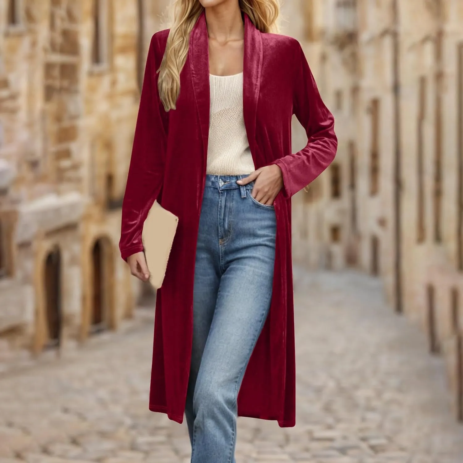 TANGNADE Velvet Cardigan Jackets for Women Long Lapel Collar Open Front Elegant Velour Blazer Cardigan Trench Coat
