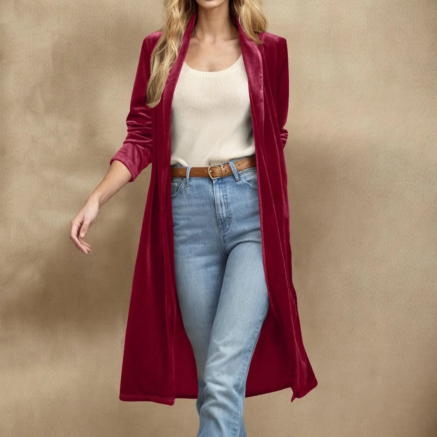 TANGNADE Velvet Cardigan Jackets for Women Long Lapel Collar Open Front Elegant Velour Blazer Cardigan Trench Coat