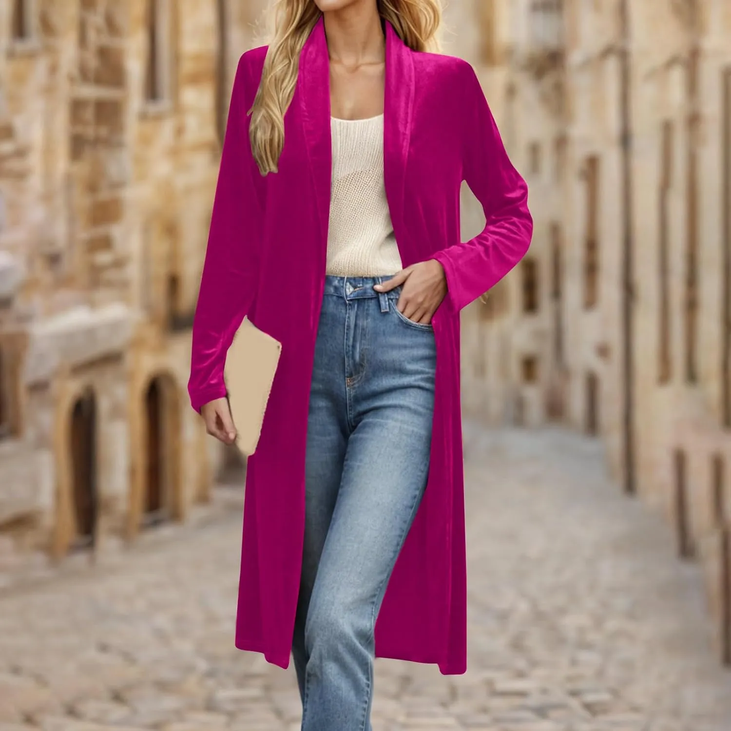 TANGNADE Velvet Cardigan Jackets for Women Long Lapel Collar Open Front Elegant Velour Blazer Cardigan Trench Coat