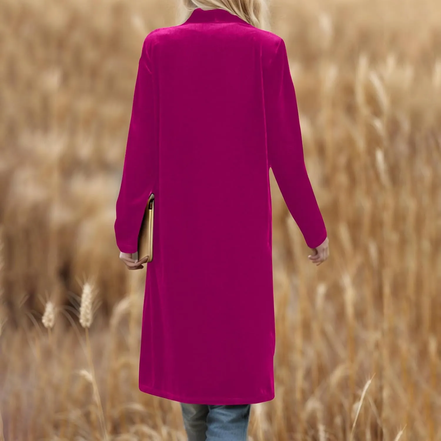 TANGNADE Velvet Cardigan Jackets for Women Long Lapel Collar Open Front Elegant Velour Blazer Cardigan Trench Coat