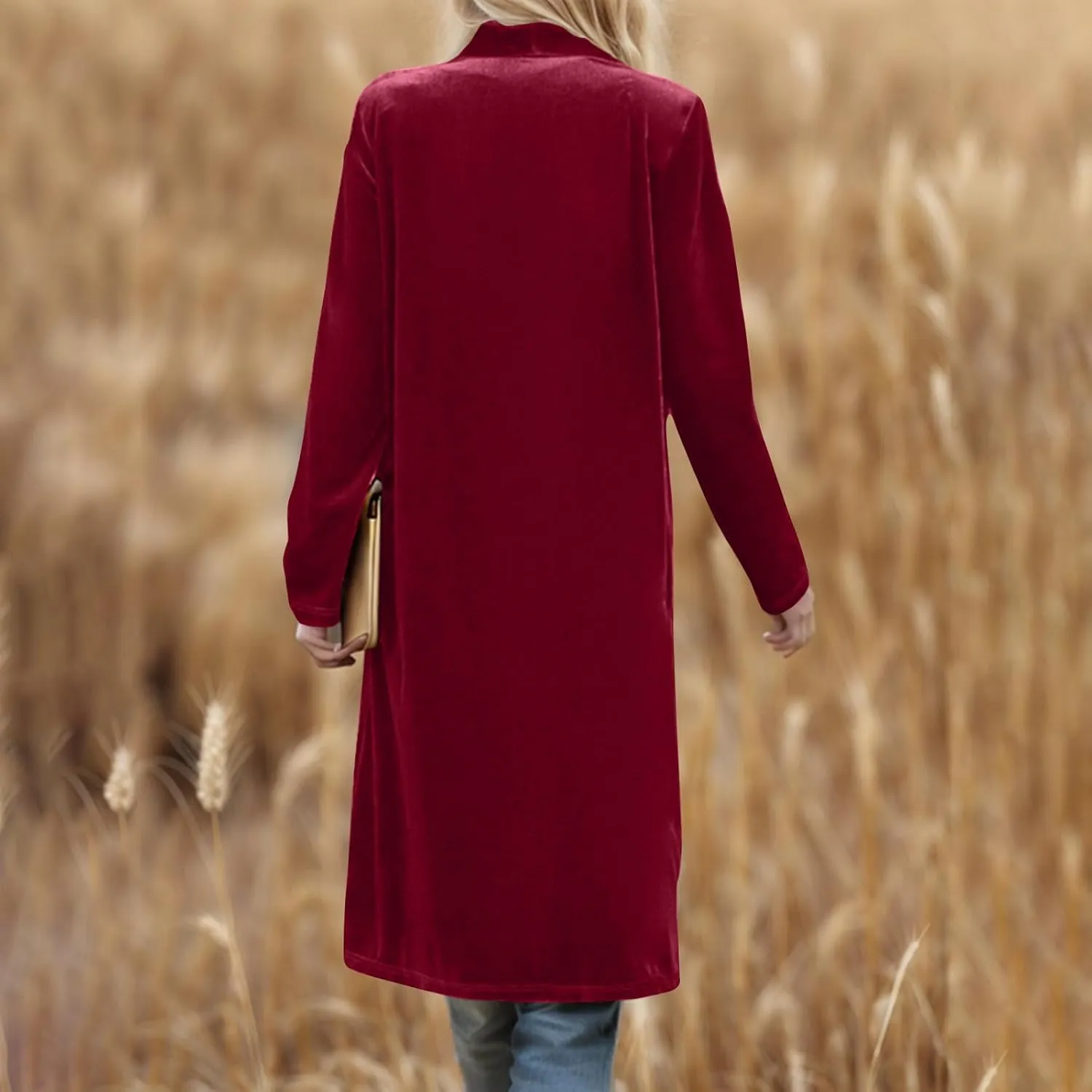 TANGNADE Velvet Cardigan Jackets for Women Long Lapel Collar Open Front Elegant Velour Blazer Cardigan Trench Coat