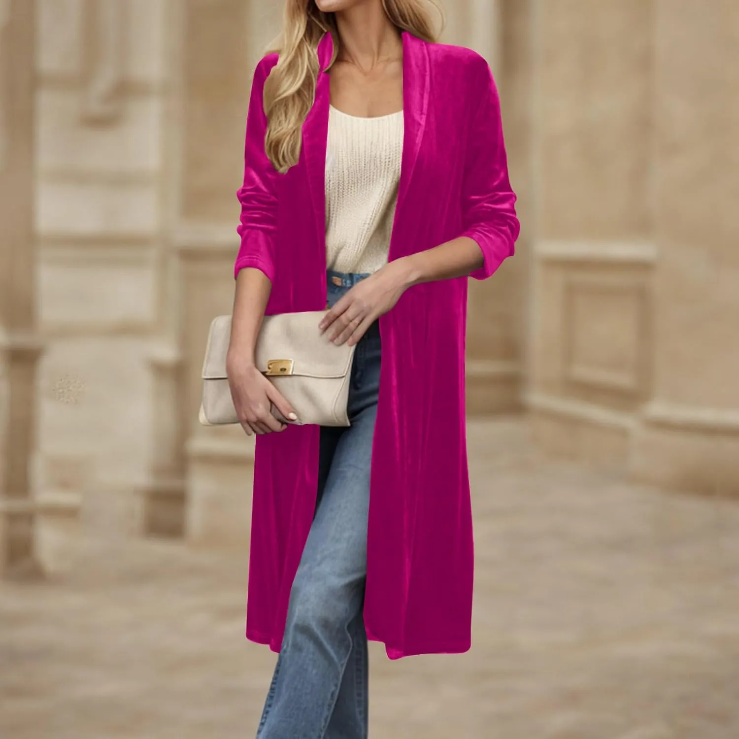 TANGNADE Velvet Cardigan Jackets for Women Long Lapel Collar Open Front Elegant Velour Blazer Cardigan Trench Coat