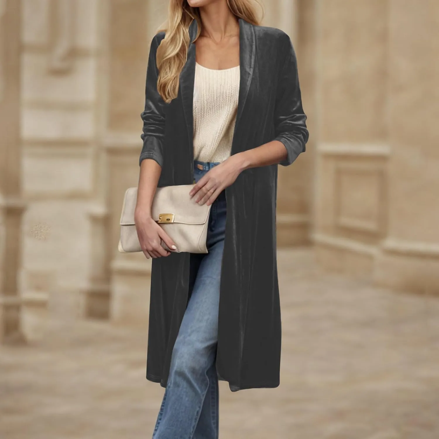 TANGNADE Velvet Cardigan Jackets for Women Long Lapel Collar Open Front Elegant Velour Blazer Cardigan Trench Coat