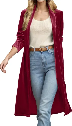 TANGNADE Velvet Cardigan Jackets for Women Long Lapel Collar Open Front Elegant Velour Blazer Cardigan Trench Coat