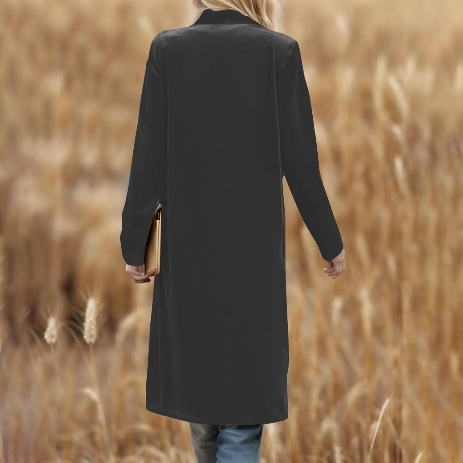 TANGNADE Velvet Cardigan Jackets for Women Long Lapel Collar Open Front Elegant Velour Blazer Cardigan Trench Coat