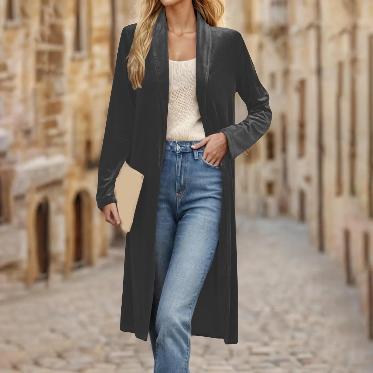 TANGNADE Velvet Cardigan Jackets for Women Long Lapel Collar Open Front Elegant Velour Blazer Cardigan Trench Coat