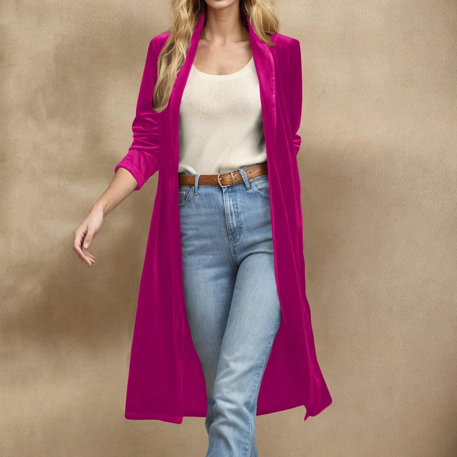 TANGNADE Velvet Cardigan Jackets for Women Long Lapel Collar Open Front Elegant Velour Blazer Cardigan Trench Coat