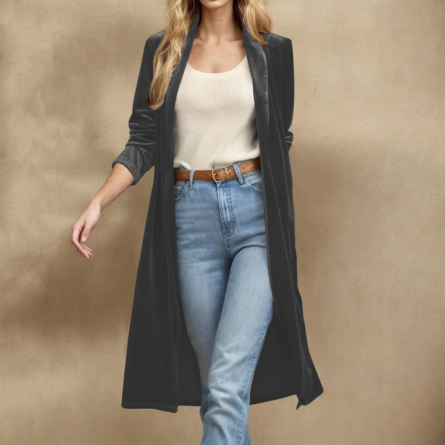 TANGNADE Velvet Cardigan Jackets for Women Long Lapel Collar Open Front Elegant Velour Blazer Cardigan Trench Coat
