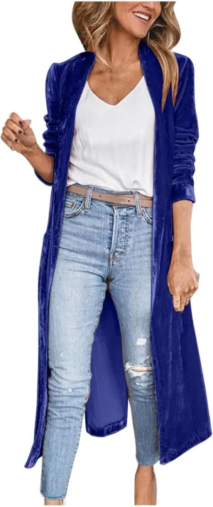 TANGNADE Women Long Velvet Cardigan Jacket Lapel Collar Open Front Vintage Velour Blazers for Party Wedding Outfits