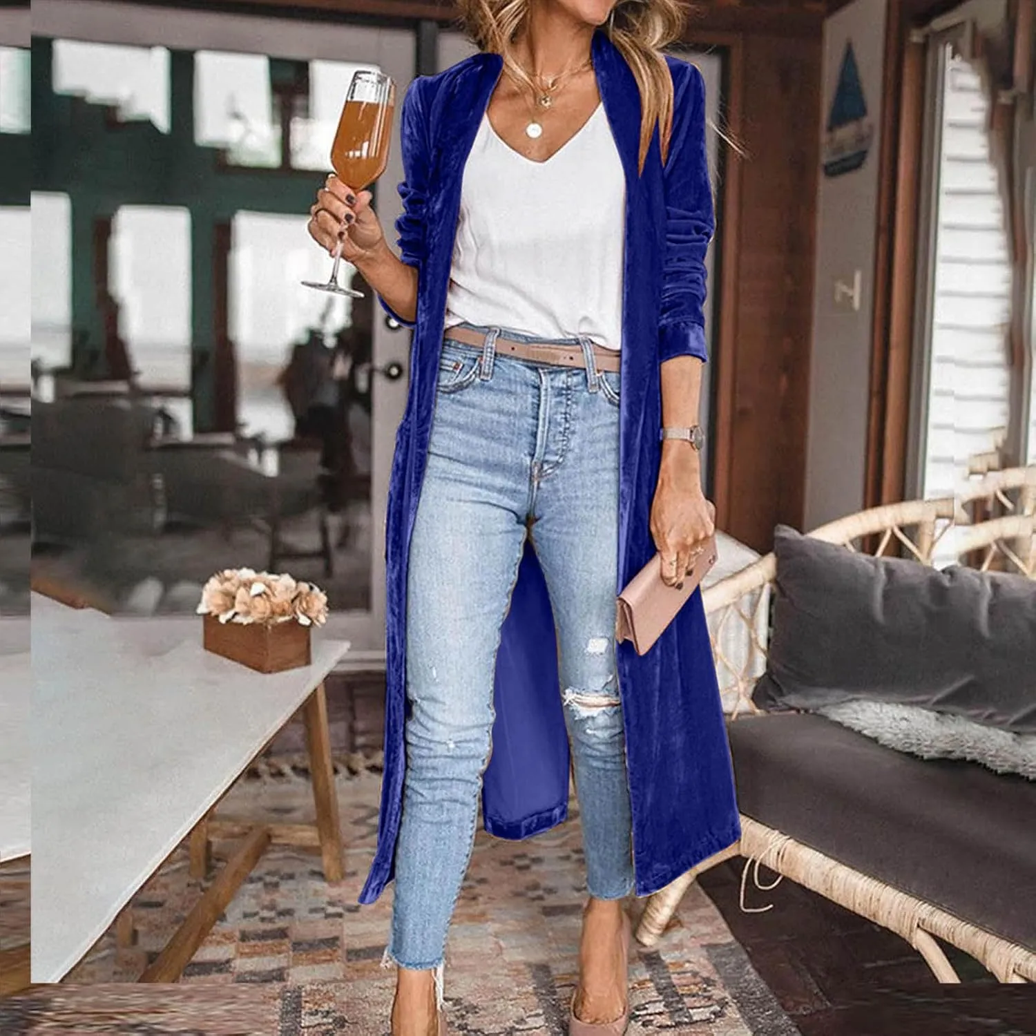 TANGNADE Women Long Velvet Cardigan Jacket Lapel Collar Open Front Vintage Velour Blazers for Party Wedding Outfits