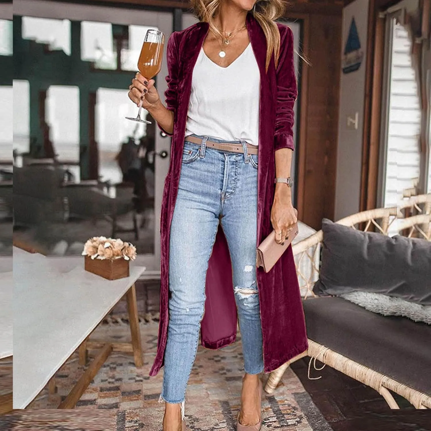 TANGNADE Women Long Velvet Cardigan Jacket Lapel Collar Open Front Vintage Velour Blazers for Party Wedding Outfits