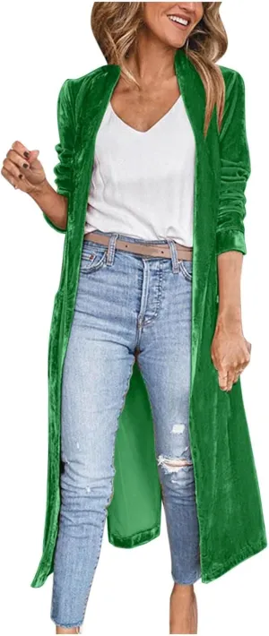 TANGNADE Women Long Velvet Cardigan Jacket Lapel Collar Open Front Vintage Velour Blazers for Party Wedding Outfits