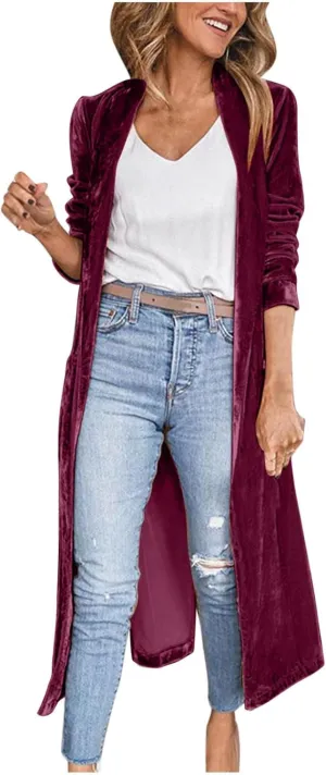 TANGNADE Women Long Velvet Cardigan Jacket Lapel Collar Open Front Vintage Velour Blazers for Party Wedding Outfits
