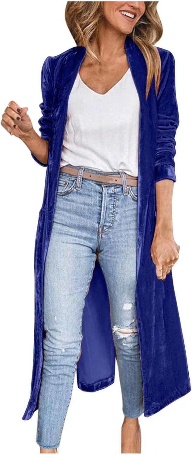 TANGNADE Women Long Velvet Cardigan Jacket Lapel Collar Open Front Vintage Velour Blazers for Party Wedding Outfits
