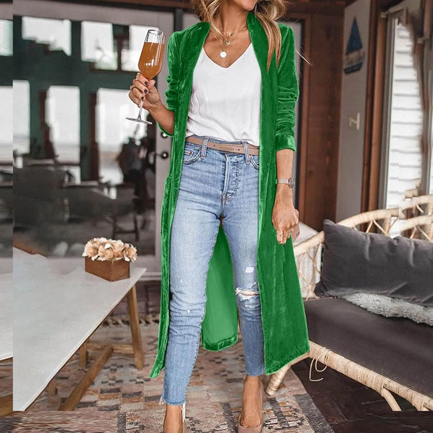 TANGNADE Women Long Velvet Cardigan Jacket Lapel Collar Open Front Vintage Velour Blazers for Party Wedding Outfits