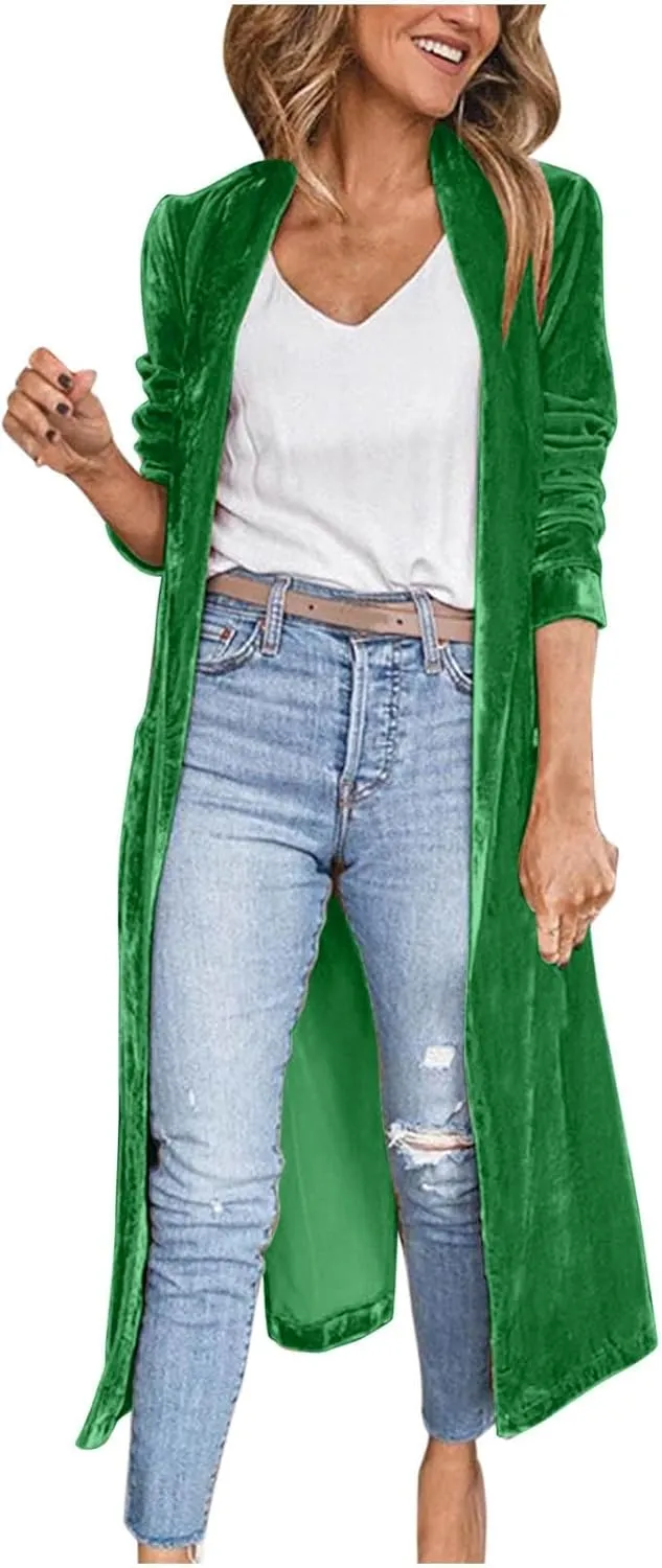 TANGNADE Women Long Velvet Cardigan Jacket Lapel Collar Open Front Vintage Velour Blazers for Party Wedding Outfits