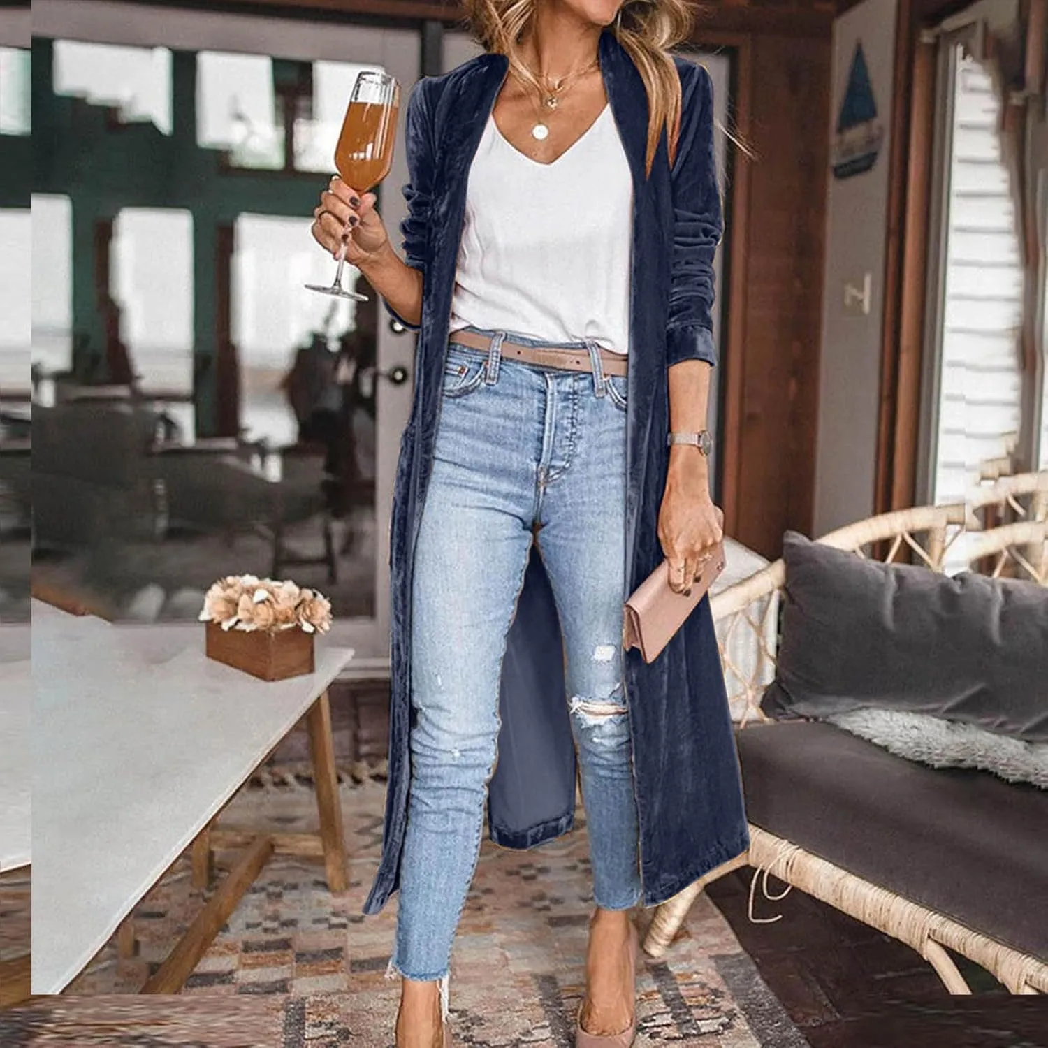 TANGNADE Women Long Velvet Cardigan Jacket Lapel Collar Open Front Vintage Velour Blazers for Party Wedding Outfits