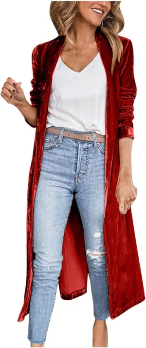 TANGNADE Women Long Velvet Cardigan Jacket Lapel Collar Open Front Vintage Velour Blazers for Party Wedding Outfits