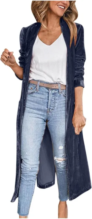 TANGNADE Women Long Velvet Cardigan Jacket Lapel Collar Open Front Vintage Velour Blazers for Party Wedding Outfits