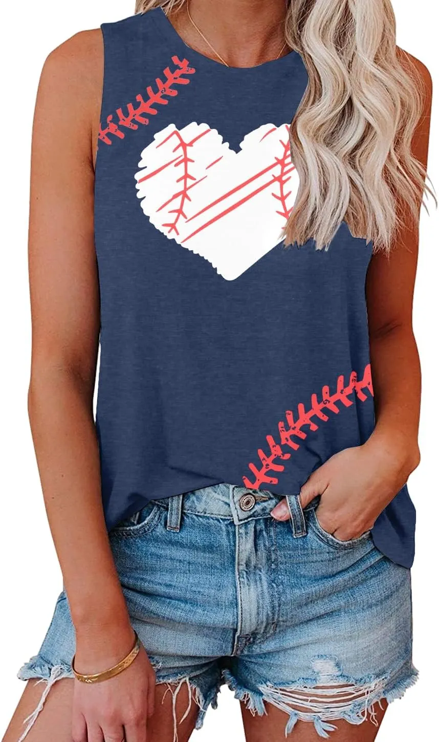 TAOHONG Baseball Tank Top Women Heart Print Baseball Tanks Cute Workout Graphic Casual Summer Sleeveless Shirt Vest Top