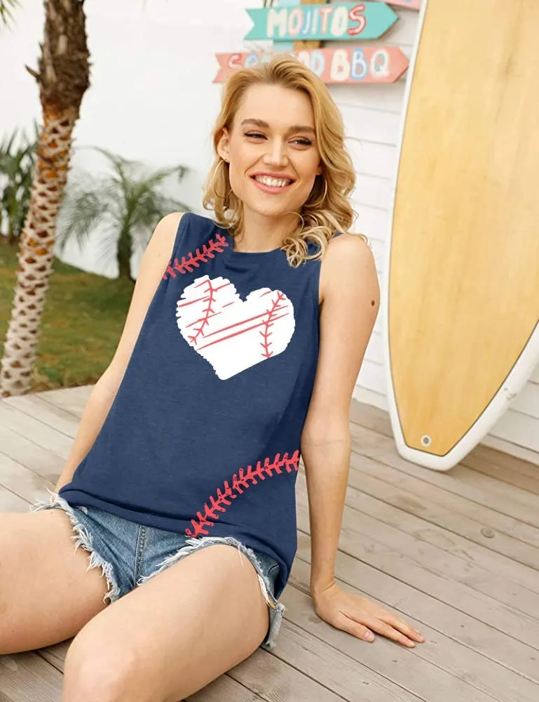 TAOHONG Baseball Tank Top Women Heart Print Baseball Tanks Cute Workout Graphic Casual Summer Sleeveless Shirt Vest Top