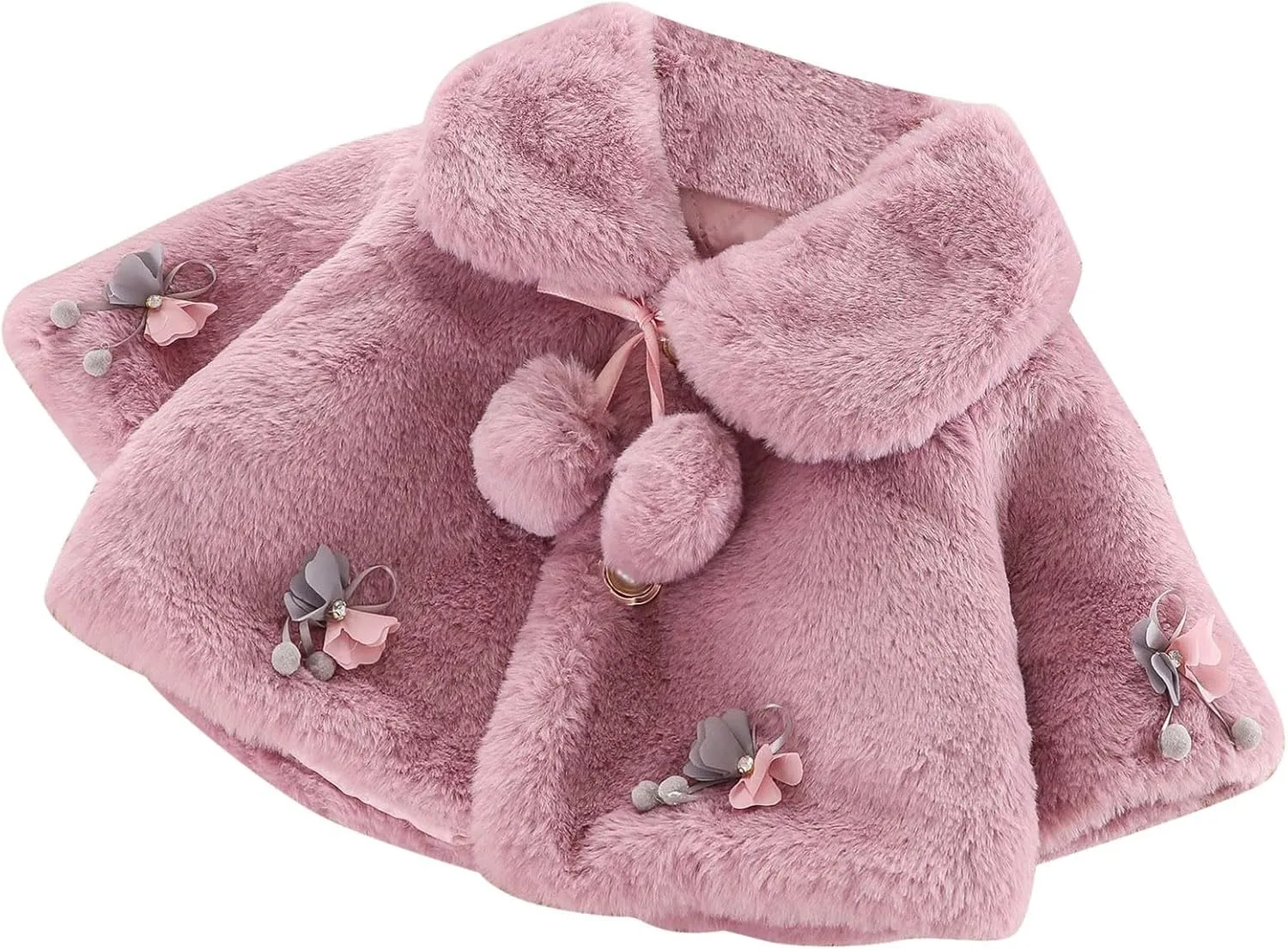 Toddler Baby Girls Cute Winter Warm Thick Faux Fur Capes Cardigan Cloak Coat with Bow Pom-Pom Balls Fuzzy Outwear