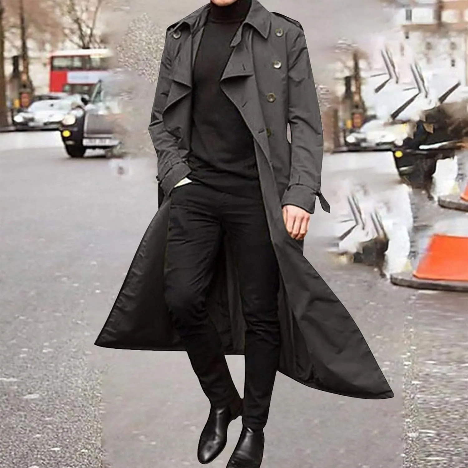 Trench Coats for Men Fall Long Jackets Double Breasted Overcoat Long Sleeve Tops Casual Business Outerwear with Pocket