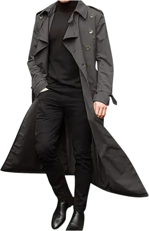 Trench Coats for Men Fall Long Jackets Double Breasted Overcoat Long Sleeve Tops Casual Business Outerwear with Pocket