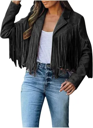 Trendy Fringe Coat for Women Faux Suede Leather Jackets Cowboy Style Coats Long Sleeve Tassels Cardigan Coat