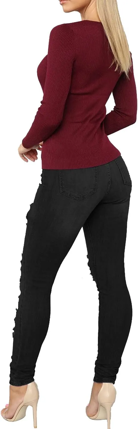Tulucky Women's Boyfriend Jeans Distressed Slim Fit Ripped Denim Pants Comfy Stretch Skinny Jeans