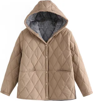 Uillui Hooded Cotton Coat Women Baggy Thermal Warm Padded Coat Fashion Argyle Plaid Button Down Jacket Winter Casual Outwear