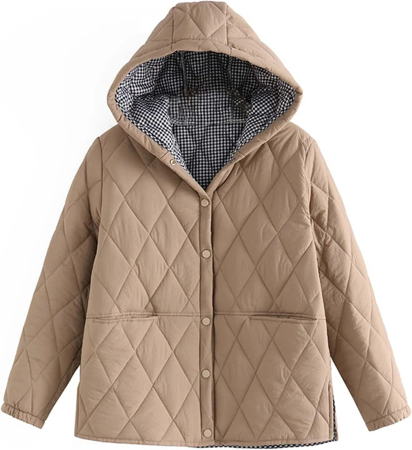 Uillui Hooded Cotton Coat Women Baggy Thermal Warm Padded Coat Fashion Argyle Plaid Button Down Jacket Winter Casual Outwear