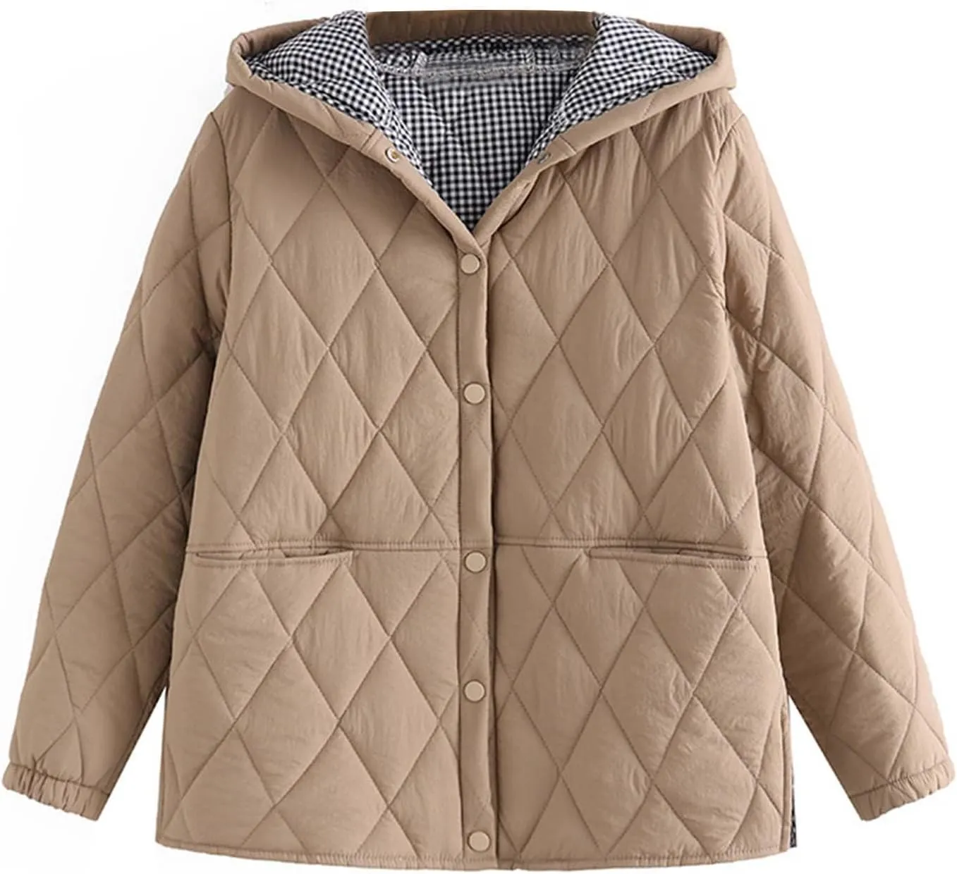 Uillui Hooded Cotton Coat Women Baggy Thermal Warm Padded Coat Fashion Argyle Plaid Button Down Jacket Winter Casual Outwear