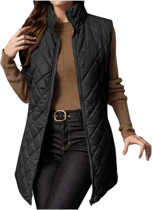 Uillui Long Winter Vest for Women 2024 Trendy Outwear Lightweight Quilted Puffer Down Vest Women Warm Padded Gilet Jackets