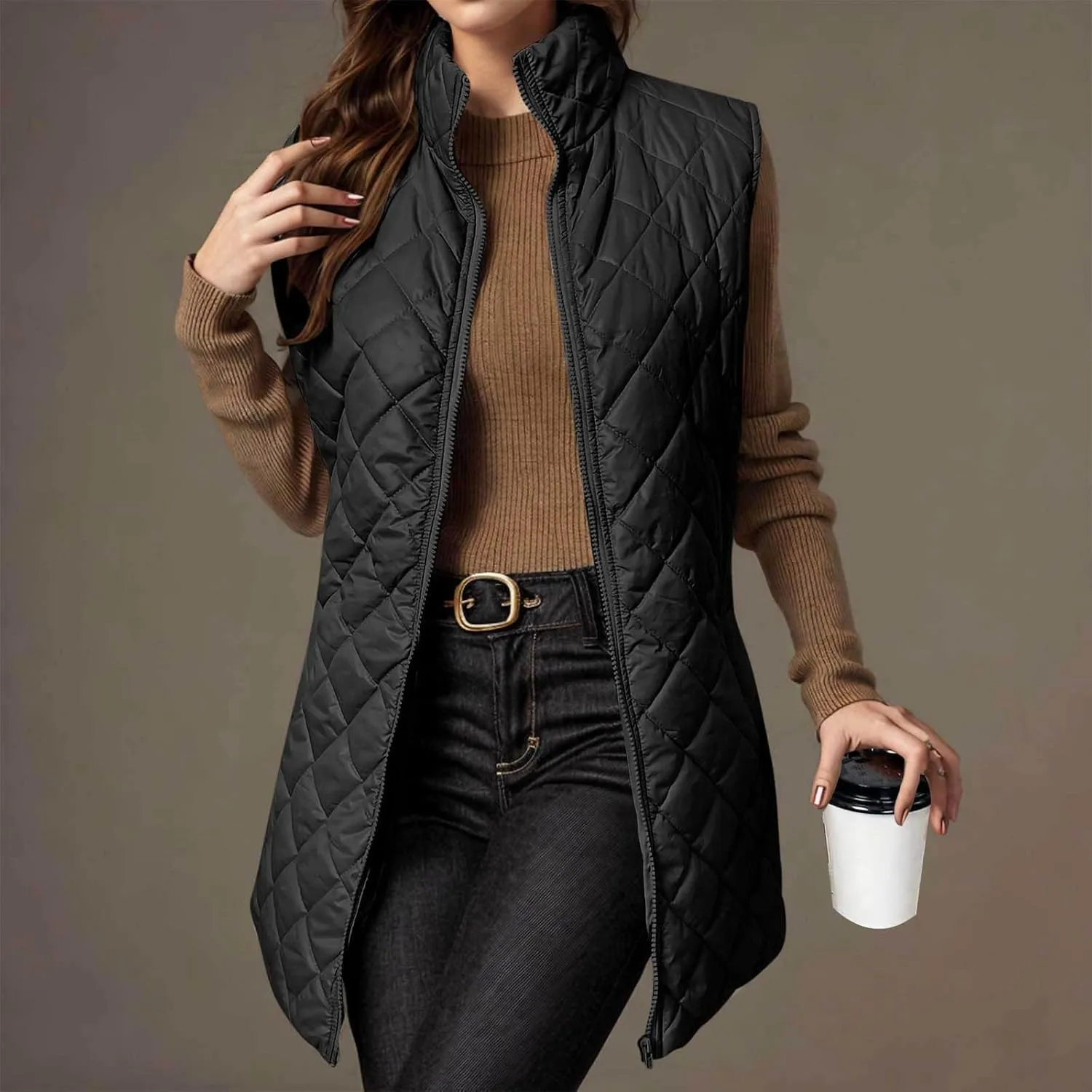 Uillui Long Winter Vest for Women 2024 Trendy Outwear Lightweight Quilted Puffer Down Vest Women Warm Padded Gilet Jackets